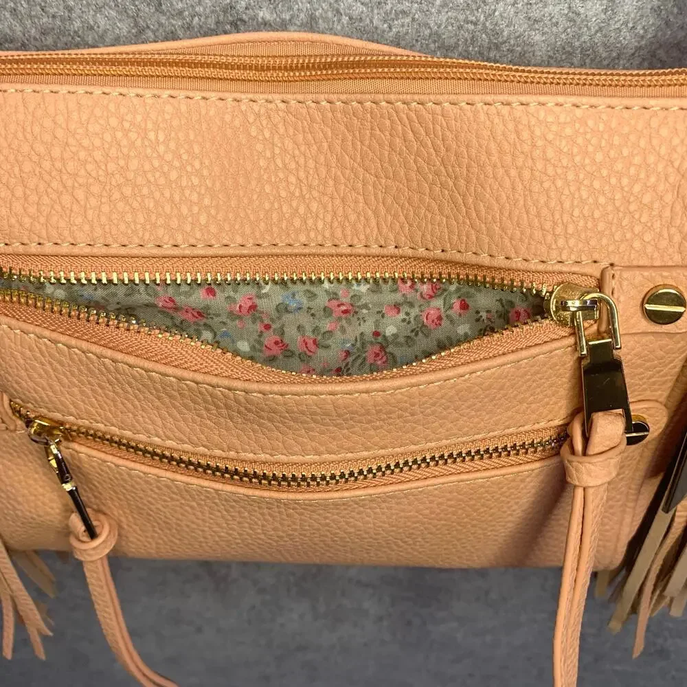 NWT Massini Crossbody Bag Peach Pink Vegan Leather With Fringe Gold Hardware